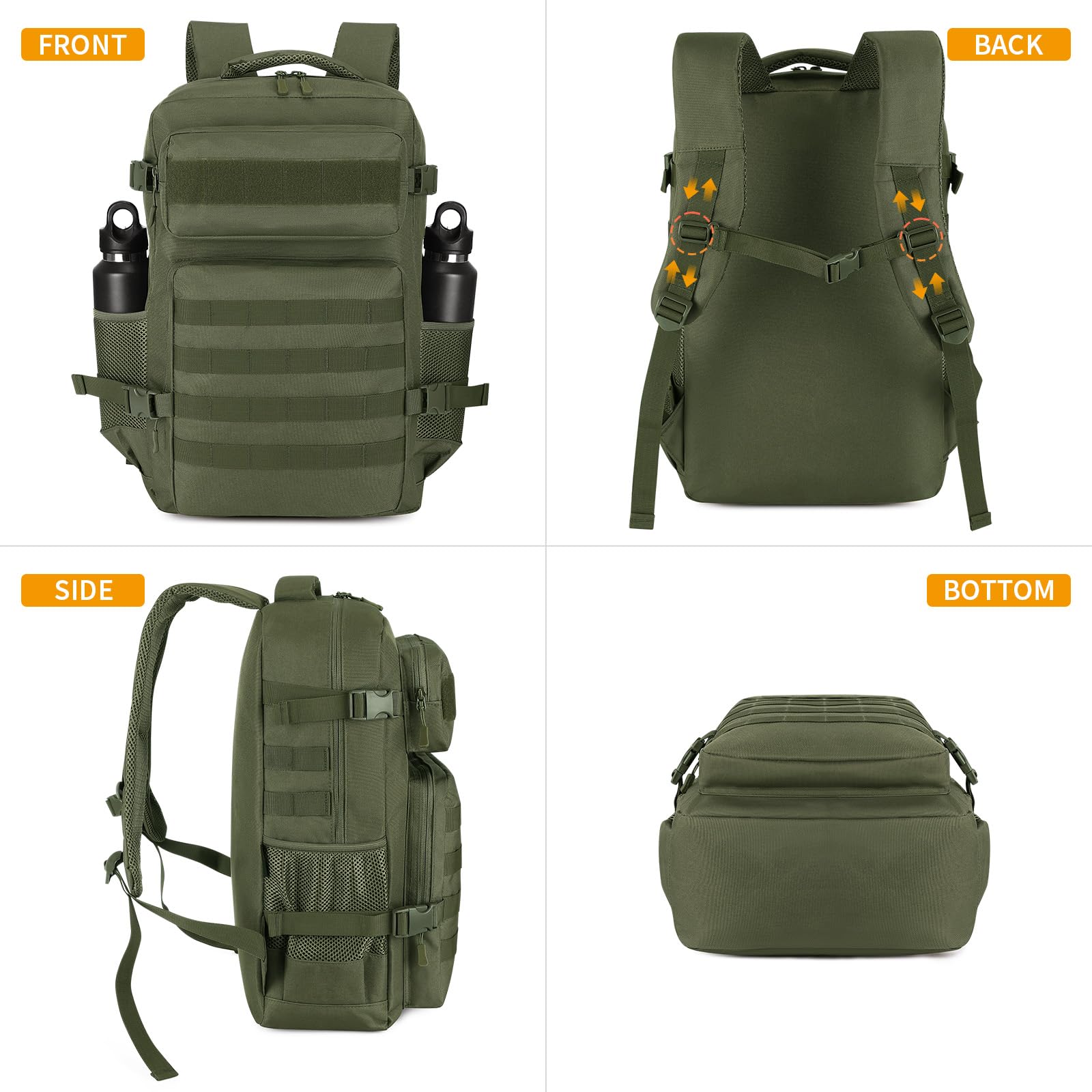 HUNTVP Sac a Dos Militaire, 30L Sacs à Dos de Randonnée Molle Tactique Sac D'assaut Armée pour Trekking, Voyage, Trekking, Camping, Escalade, En Plein Air (30L-Vert)