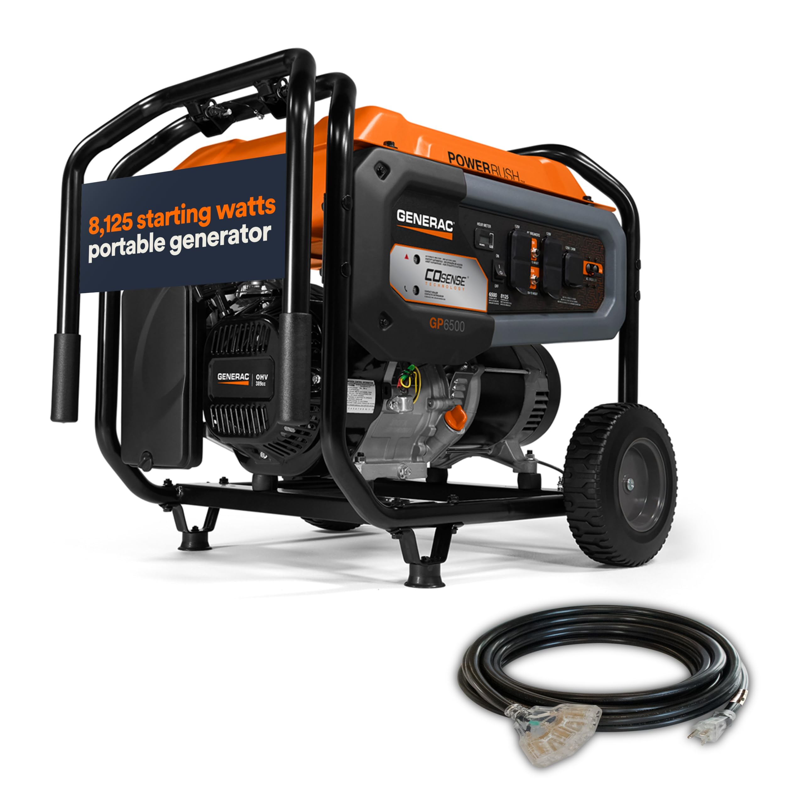 Generac 8,125 Starting Watt Portable Gas Generator - Includes Extension Cord - Home or RV Ready - Quiet, Long Runtime, Emergency Power - 49-State Compliant