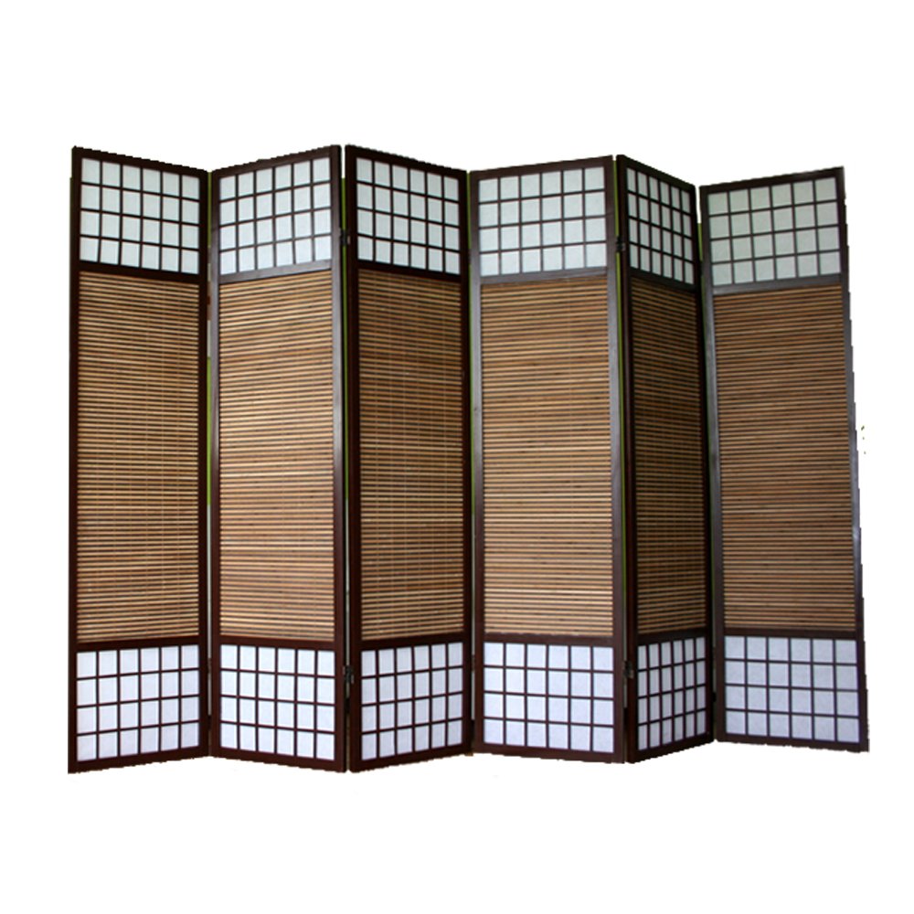 Paravent Japonais séparateur de pièce en Bois avec Bambou de 6 Panneaux Coloris Marron -PEGANE-