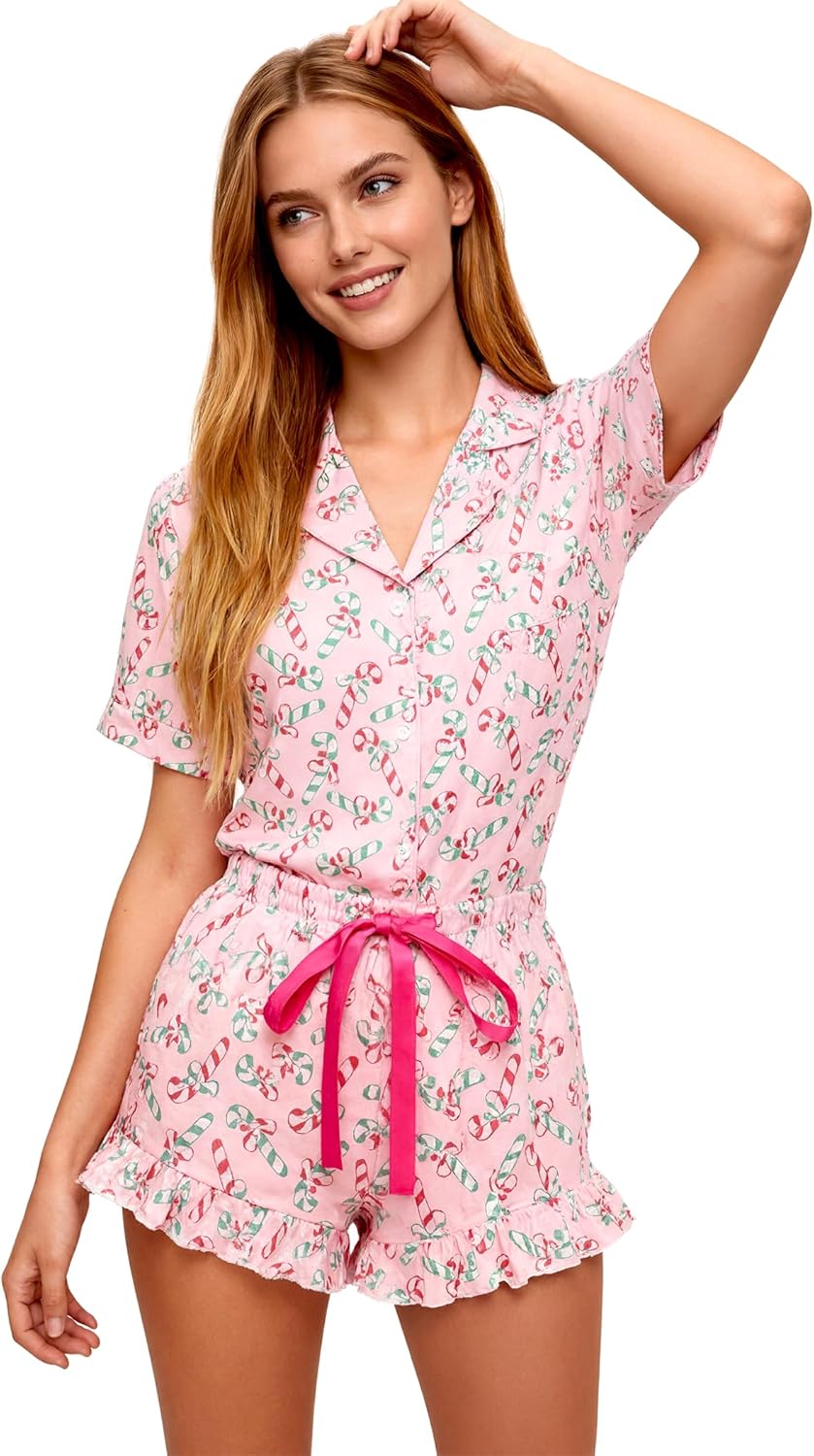 Cute Pajama Sets for Women Floral Bow Valentine's Heart Loungewear Short Sleeve Ruffle Cheetah Print Pjs - Image 6