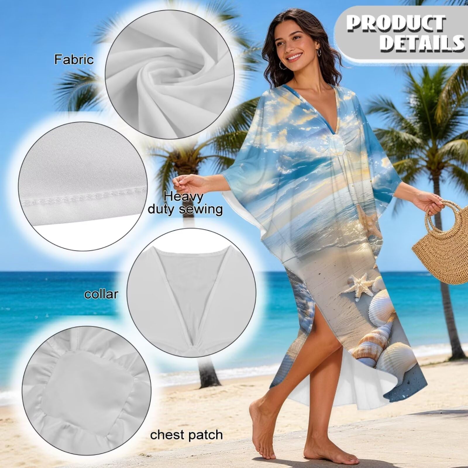 Poceacles Damska sukienka plażowa typu kaftan plus size letnia sukienka dekolt w serek bikini strój kąpielowy okrycie z rękawami nietoperza