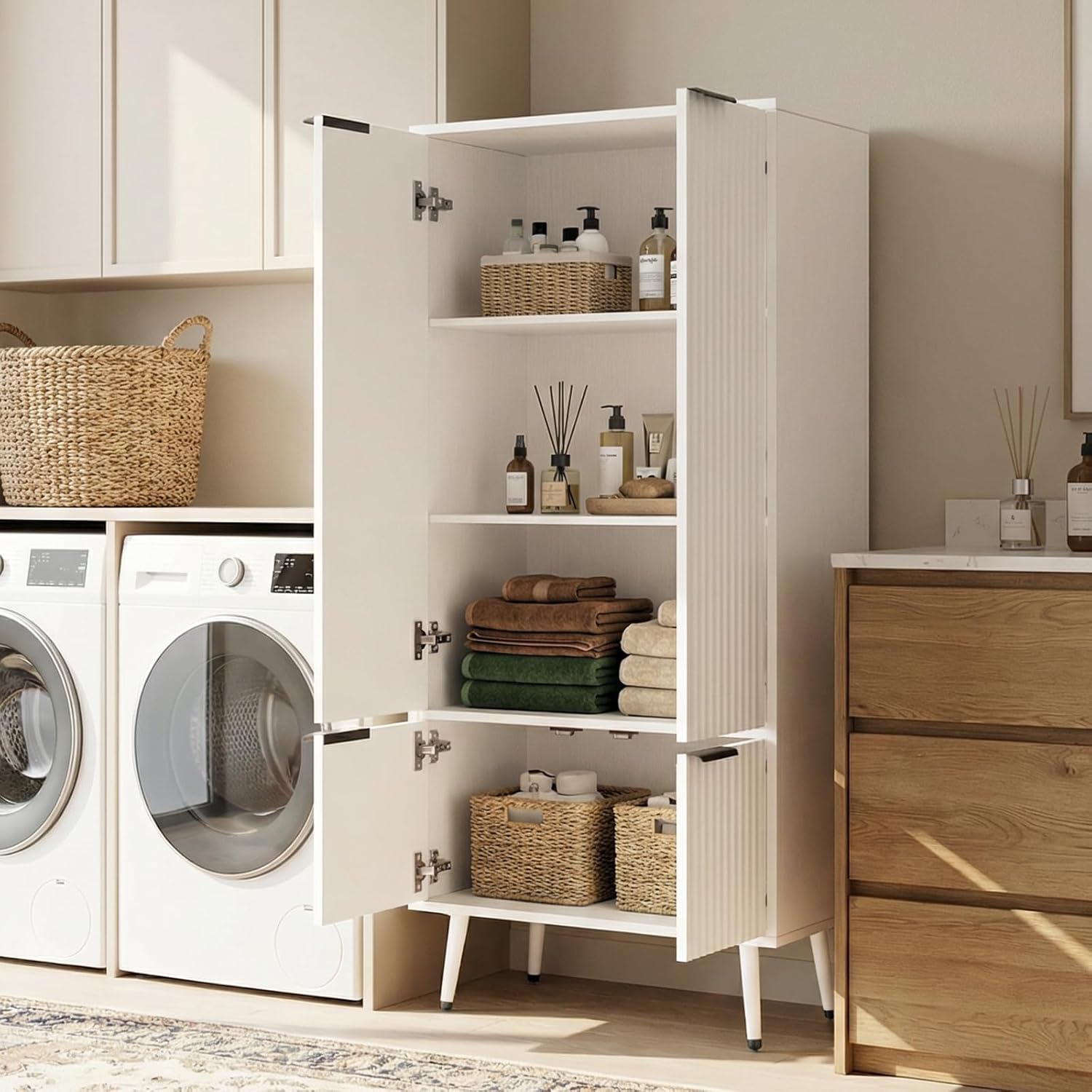 Foxemart White Fluted 51" Tall Storage Cabinet, 4 Door Sideboard with Adjustable Shelves, Modern Accent Cabinet for Living Room, Dining Room, Entryway, Kitchen, Laundry