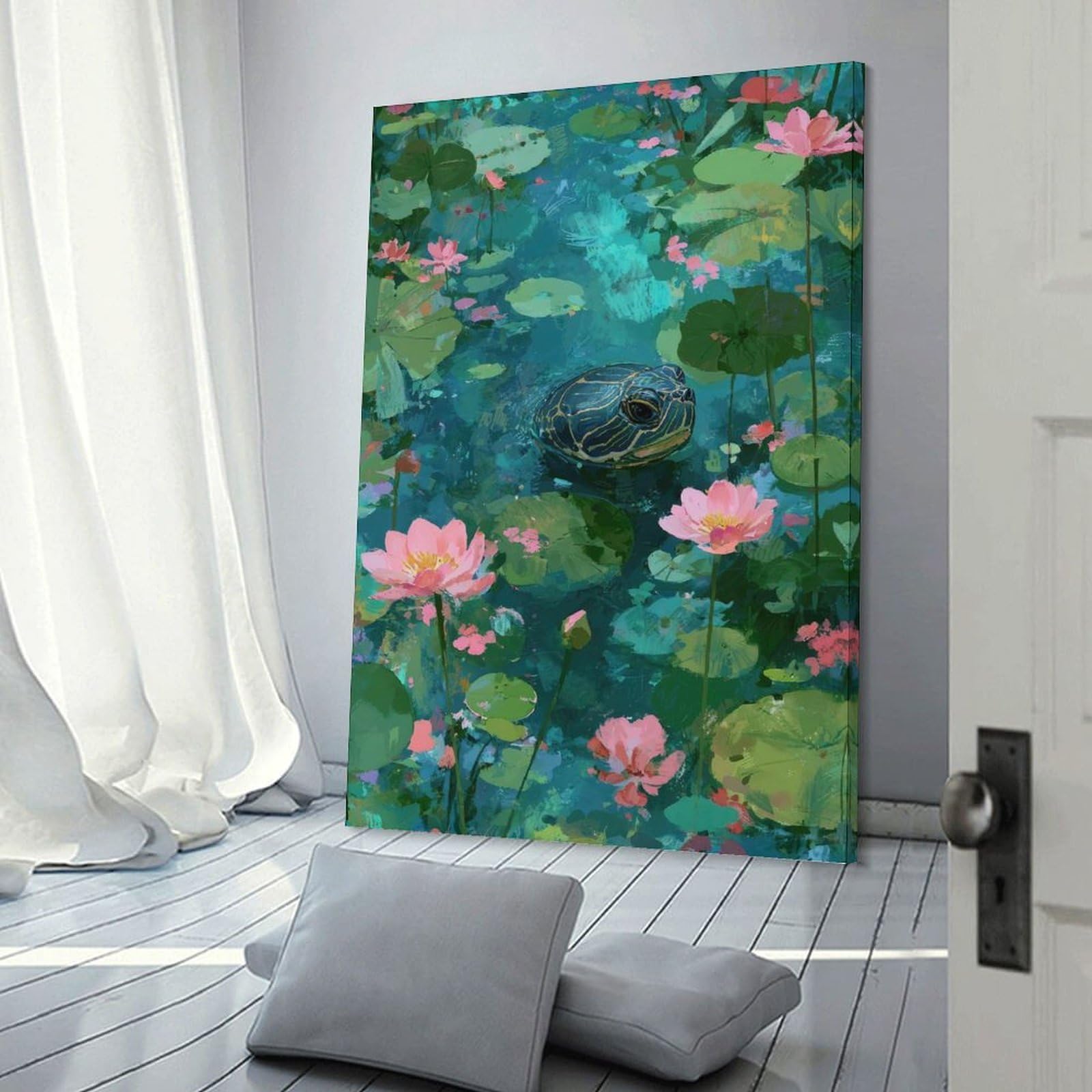 Junmoney Frame-Style-19-1 Turtle In A Lily Pond Painting Canvas Wall Decor 24X36inch(60X90cm), For Study, Office Or Focused Interiors, Wall Art That Adds Style To Work Areas