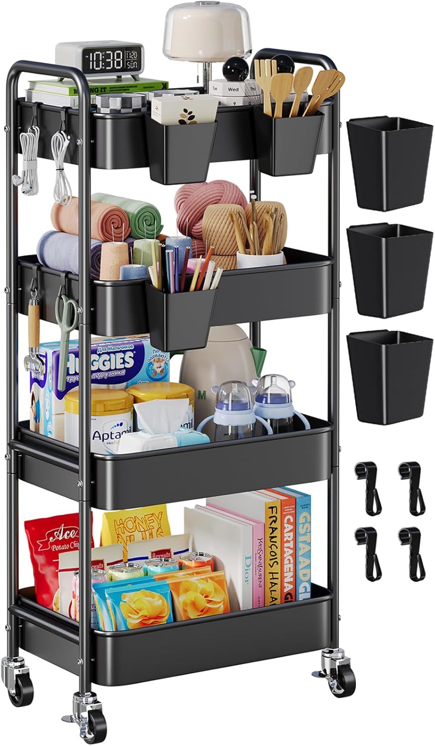 4 Tier Rolling Cart Metal with Wheels, Black Four Tiered Rolling Storage Cart on Wheels, Utility Roller Carts Organizer for Art, Craft, Baby Diaper Caddy, Snack, Book, Large-Capacity Shelving Units