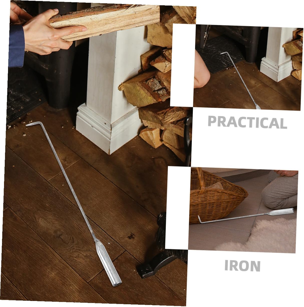 Fireplace Poker and Fire Pit Tongs Set, 3pcs Iron Fireplace Tools for Indoor Outdoor Camping, Multi-Function Fire Pit Accessories for Wood Log Handling