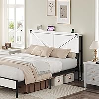 MAHANCRIS Queen Size Headboard Only, Headboard with 2 Outlets and 2 USB Ports, Farmhouse Headboard, with LED Lights, Secure Storage with Raised Fence, with Bed Frame Adapter, White and Black