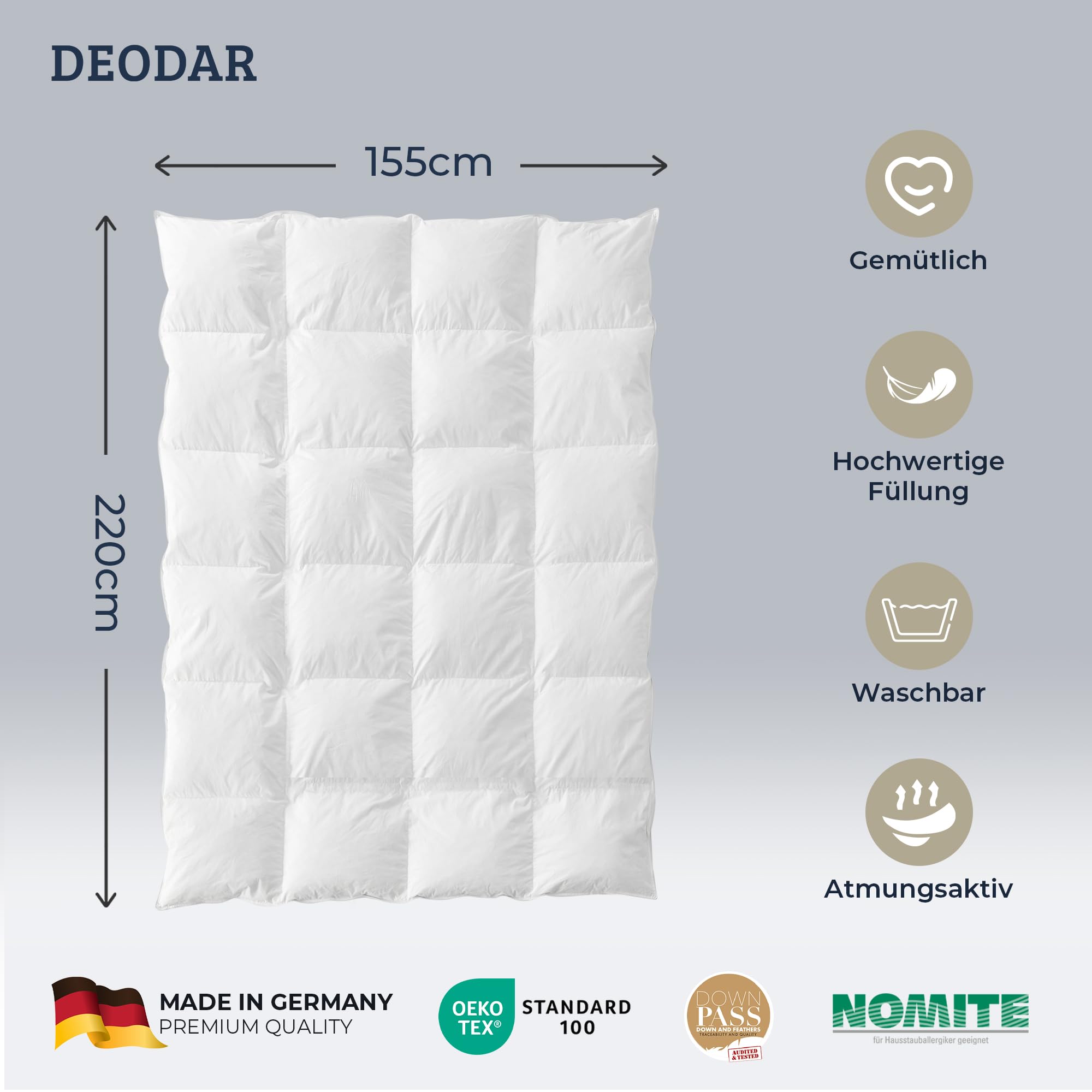 Deodar Kołdra puchowa 155 x 220 cm, całoroczna kołdra ze 1900 g wypełnieniem z puchu i pierza, 100% bawełna, miękka, zmywalna, certyfikat Oeko-Tex i RDS,Made in Germany