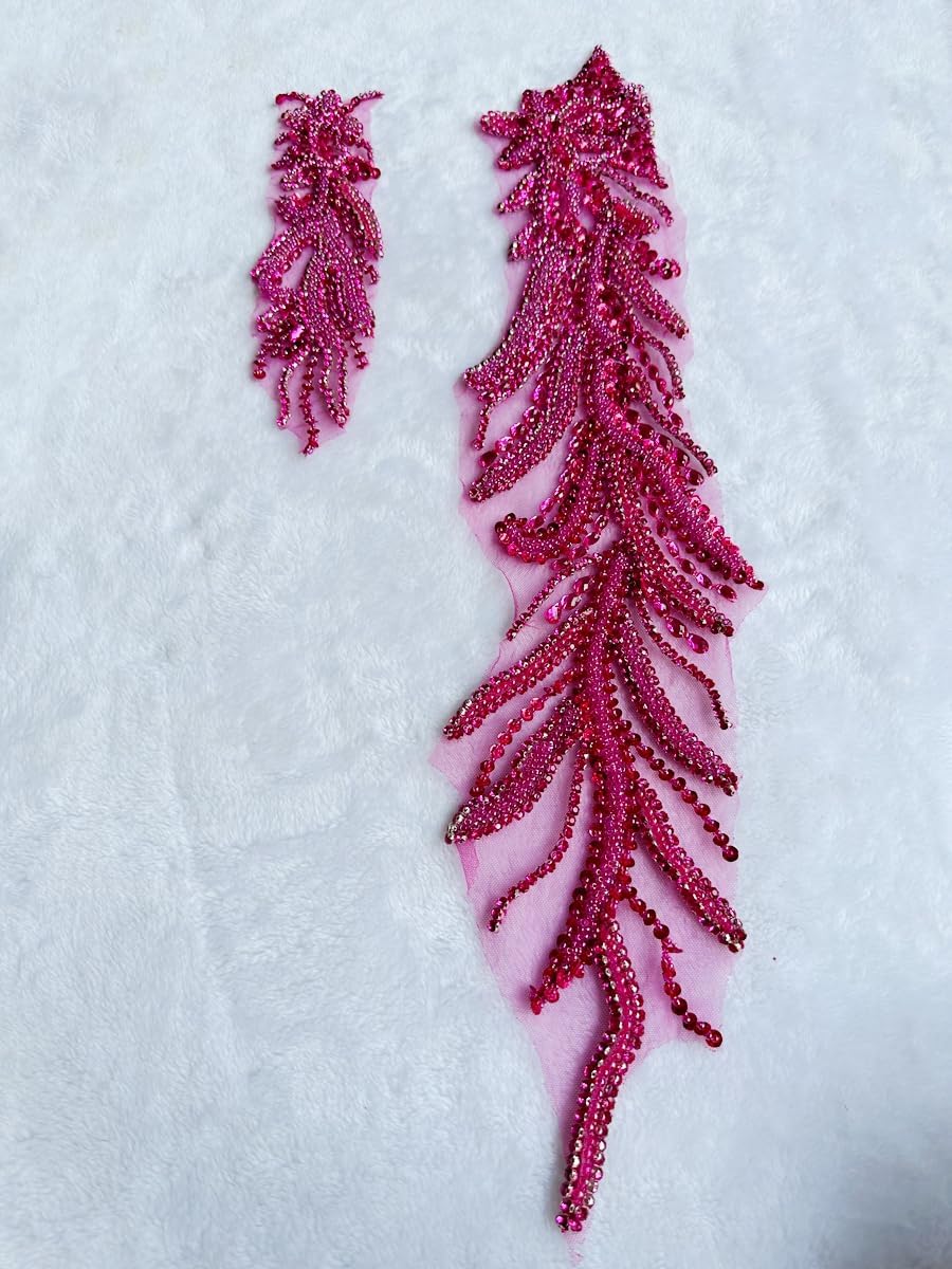 Handmade Crystal on lace Applique Sewing Rhinestones Beads Sequins Patches Trim Luxury Decoration Accessories for Wedding Dress 2PCS/Set 26.3X4.7inches (Rose red)