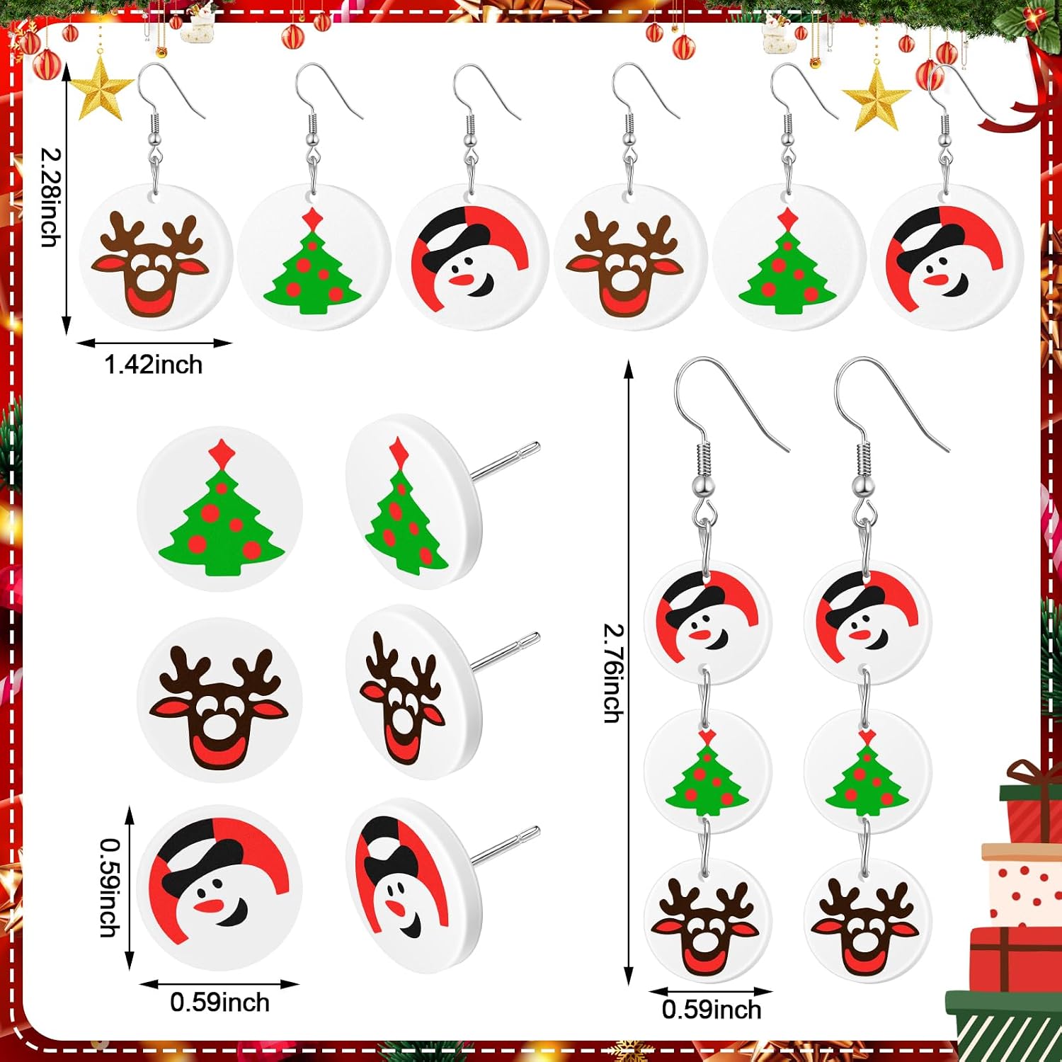 Ecation 7 Pairs Christmas Sugar Cookie Earrings Set - Women Anti-sensitive Drop Xmas Tree, Snowman & Reindeer Dangle Stud for Winter Holiday Party Accessories