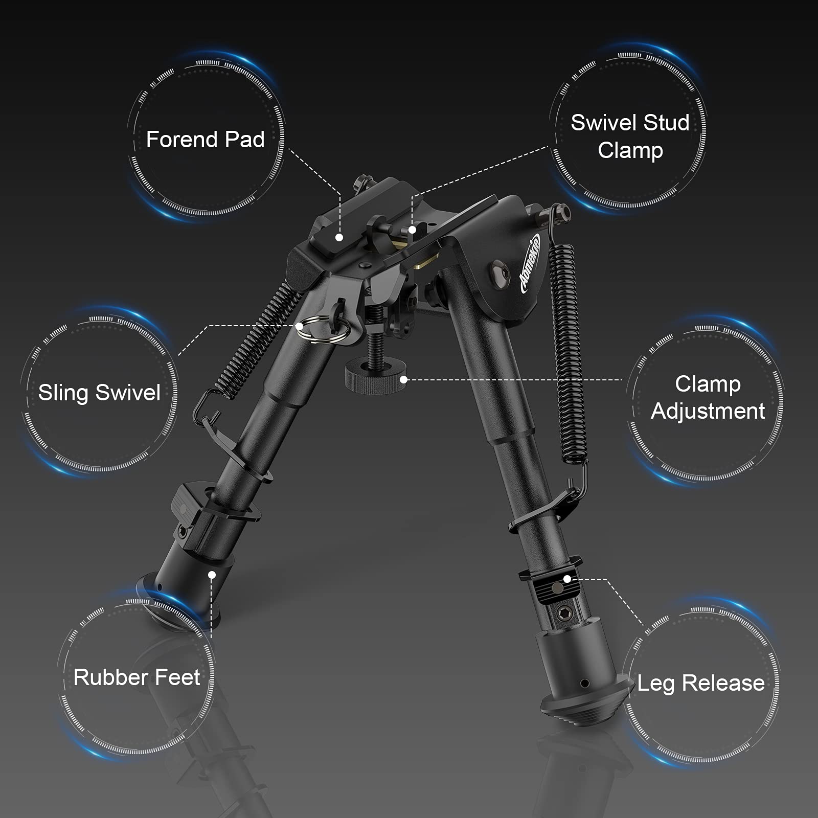 AOMEKIE Bipod Tattico 6-9 Pollici Airsoft Rifle Telescopico Regolabile Primavera Ritorno Picatinny & Swivel-Stud Clamp Caccia Bipiede con Adattatore di Montaggio Nero