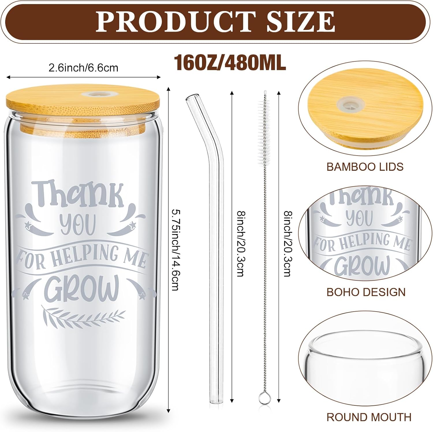 Pinkunn 12 Set Teacher Appreciation Gifts Bulk Teacher Glass Cups Gifts for Women End of Year 16oz Can Shaped Beer Glass with Lids Straws Brushes(Vivid)