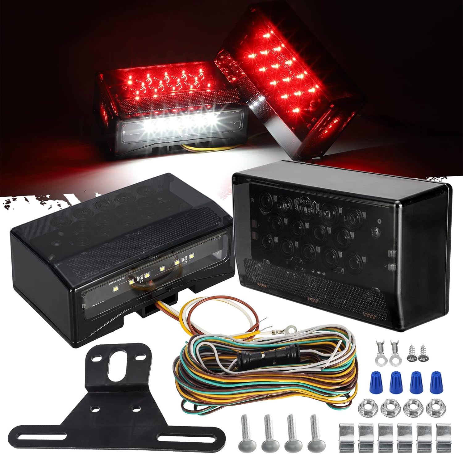 Partsam 6" Rectangular LED Combination Tail Lights Kit Red, 12V LED Submersible Sealed Rectangular Boat Trailer Stop Turn Tail License Plate Brake Running Light Kit w/25ft Wiring Harness 4Pin+Bracket
