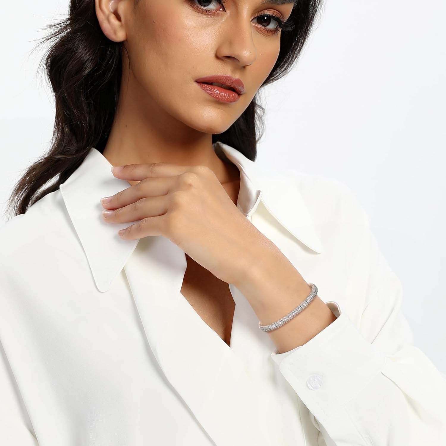 MDFUN 18K White Plated Women Bracelets Cubic Zirconia Tennis Bracelets for Women Classic Emerald Cut Simulated Diamond Bracelet 3mm 7 Inches - Image 2