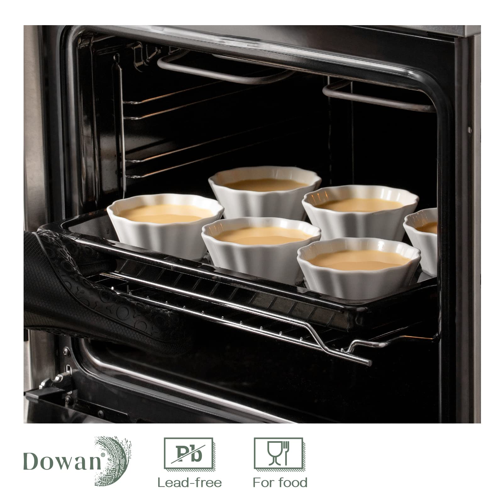DOWAN 8 Oz Porcelain Ramekins Set Of 6 - Flower Shaped, Oven Safe Custard Cups For Creme Brulee & Baking