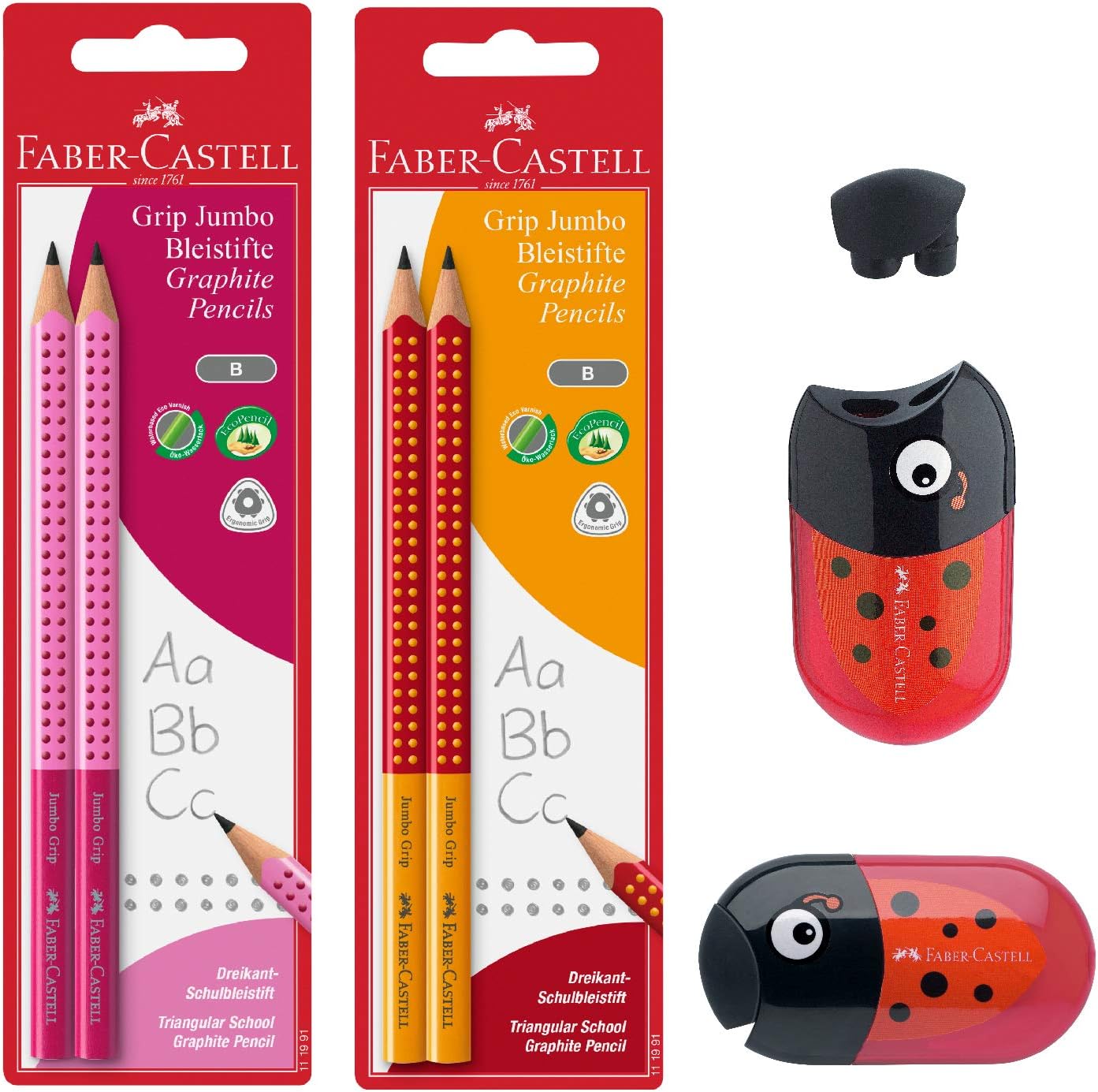 Faber-Castell Jumbo Graphite Pencil Back to School Set - 4 Jumbo Pencils (Pink/Orange) & Ladybug Pencil Sharpener, Multi