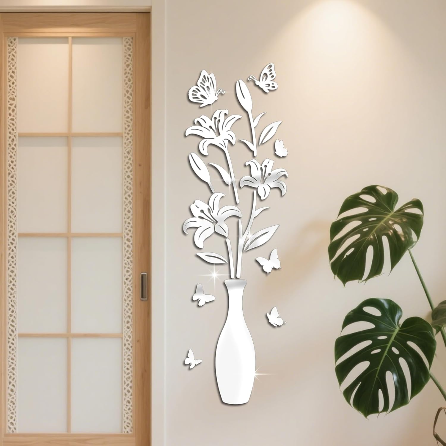 GLOBLELAND Lilies Vase Silver Sign Acrylic Mirror Wall Stickers for Living Room 59.05x18.11 in Butterfly Self-Adhesive Wall Decor Decals for Bedroom Kitchen Decorations