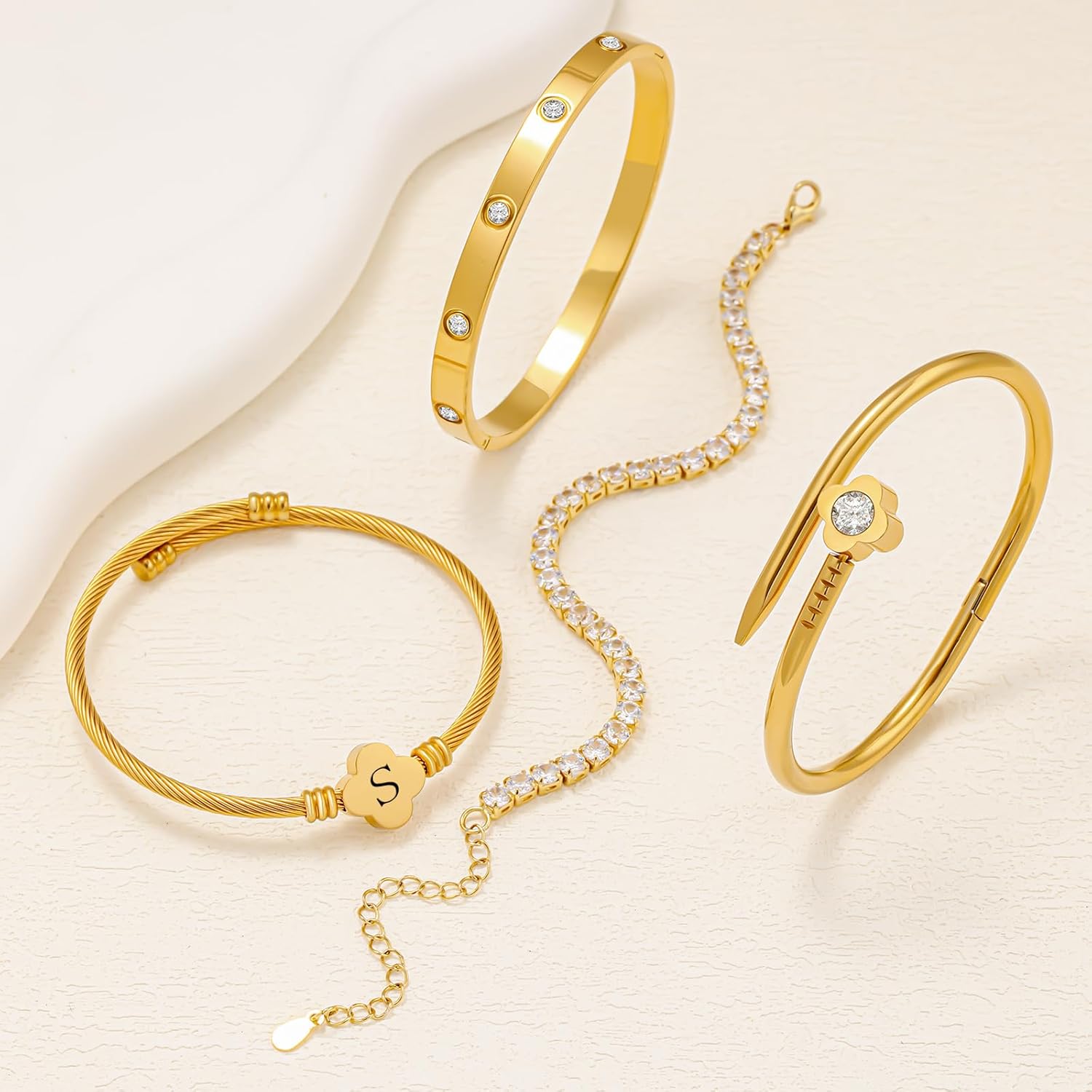 4Pcs Gold Bracelets for Women, 14K Gold Plated Stackable Bangle Bracelet Set Personalized Flower Stainless Steel Stackable Letter Bracelet Set for Women - Image 5