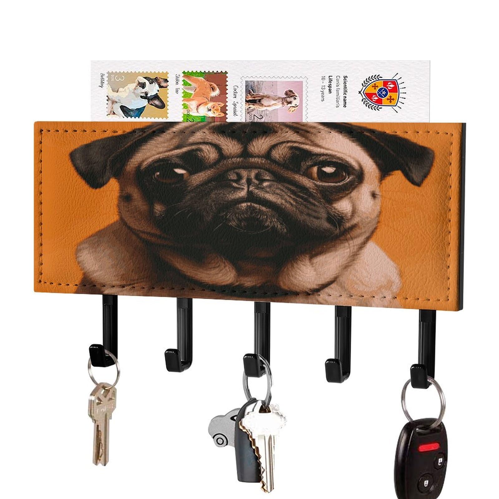 Vstadank Black-Style A Pug Key Holder For Wall Mount With 5 Hooks Decorative Key And Mail Holder Farmhouse Wall Hooks With Shelf Pu Leather Key Rack With Mail Holders For Entryway Home