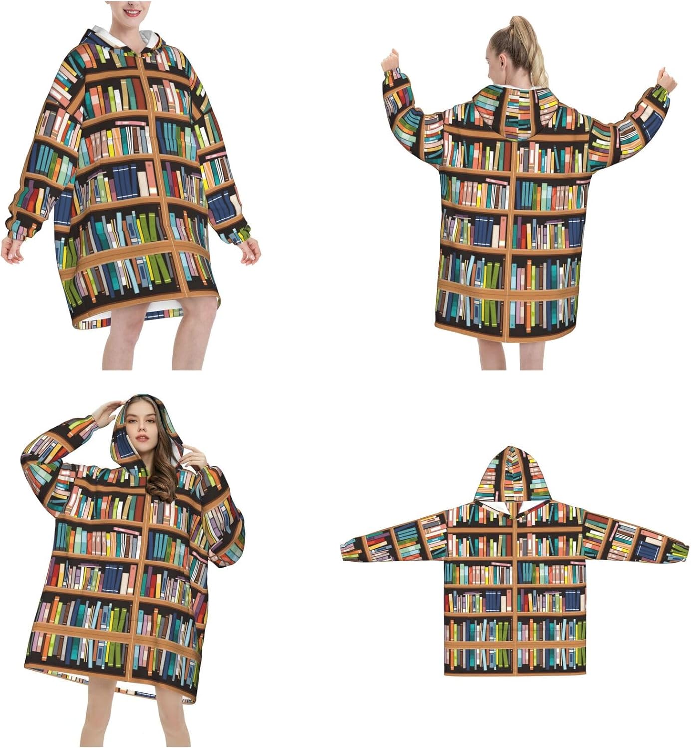 MUSM Library Bookshelf Print Blanket Hoodie Fleece Sweatshirt Blanket With Sleeves And Pockets