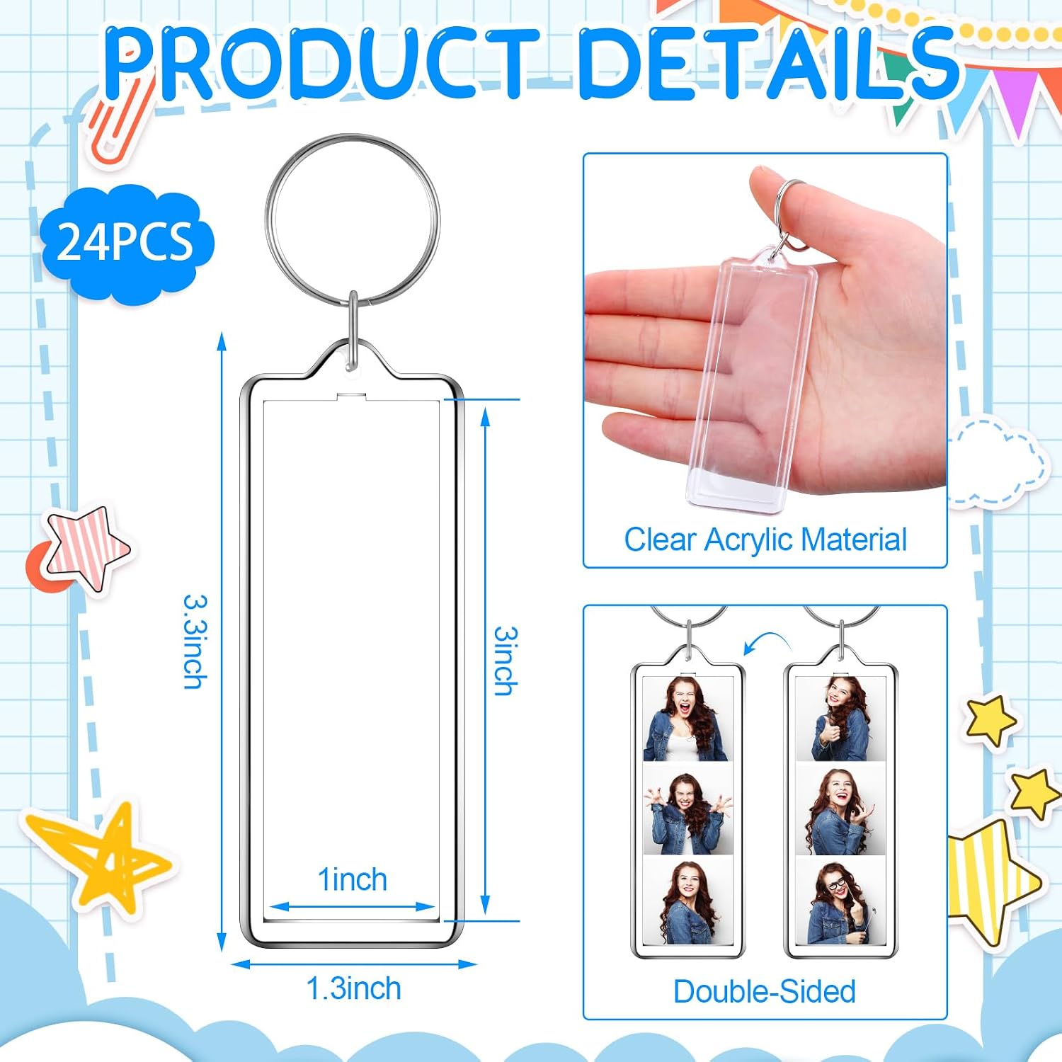 MTLEE Mini Photo Strip Keychain Frame 1 x 3 Inch Acrylic Photo Booth Keychain Double Sided Picture Keyring Holder Blank