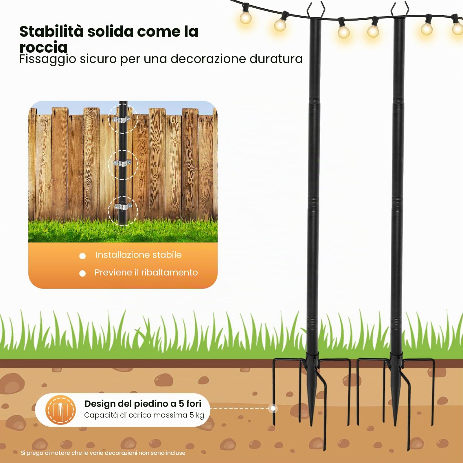 Set di 4 pali luminosi da esterno da 3m – Supporto per luci per giardino, terrazza e balcone – Supporto per luci per feste e Natale regolabile in altezza – Incl. picchetto da terra e supporto per