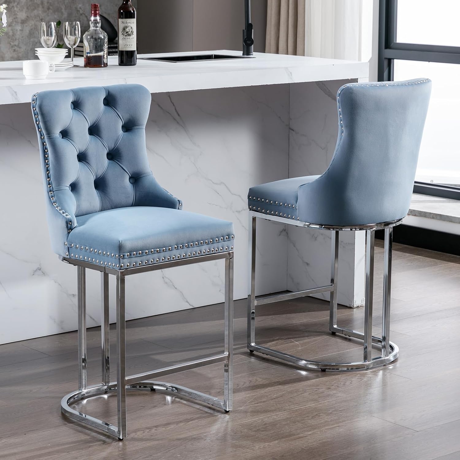 25" Velvet Counter Height Bar Stools Set of 4, Tufted Upholstered Kitchen Counter Stools with High Back, Nailhead Trim, Chrome Metal Legs, Modern Light Blue Bar Chairs for Dining Room, Pub, Island