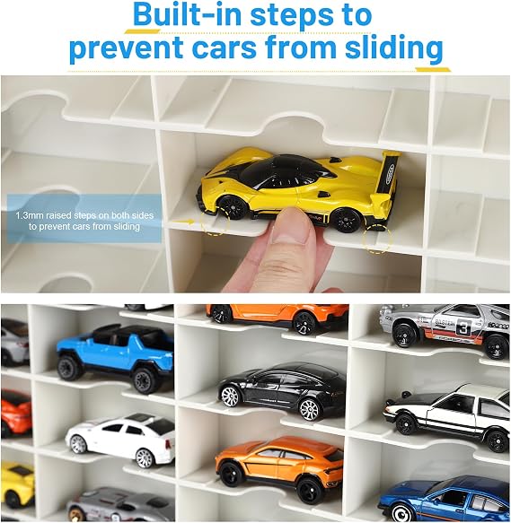 Saichotoy Storage Case Compatible with Hot Wheels - Carrying Display Case for 1/64 Scale Toy Cars, 48-Slot Double-Sided Transparent Organizer with Built-in Steps Prevent Sliding & Adjustable Dividers