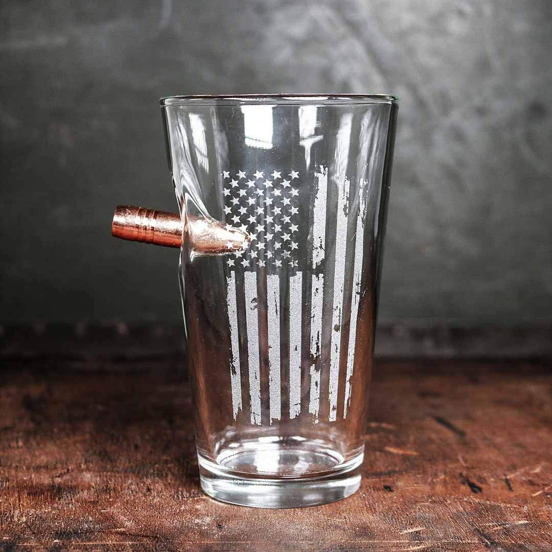 BenShot US Flag Pint Glass with Real 0.50BMG Bullet - 16oz | Made in the USA [Set of 4]
