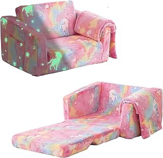 Kisdsa Kids Couch Fold Out,Foldable Toddler Couch with Blanket,Kids Sofa for Girls Boys,Flip Out Toddler Chair,Kids Chair Convertible Sofa to Lounger for Children Age 1-3(Glow Pink)