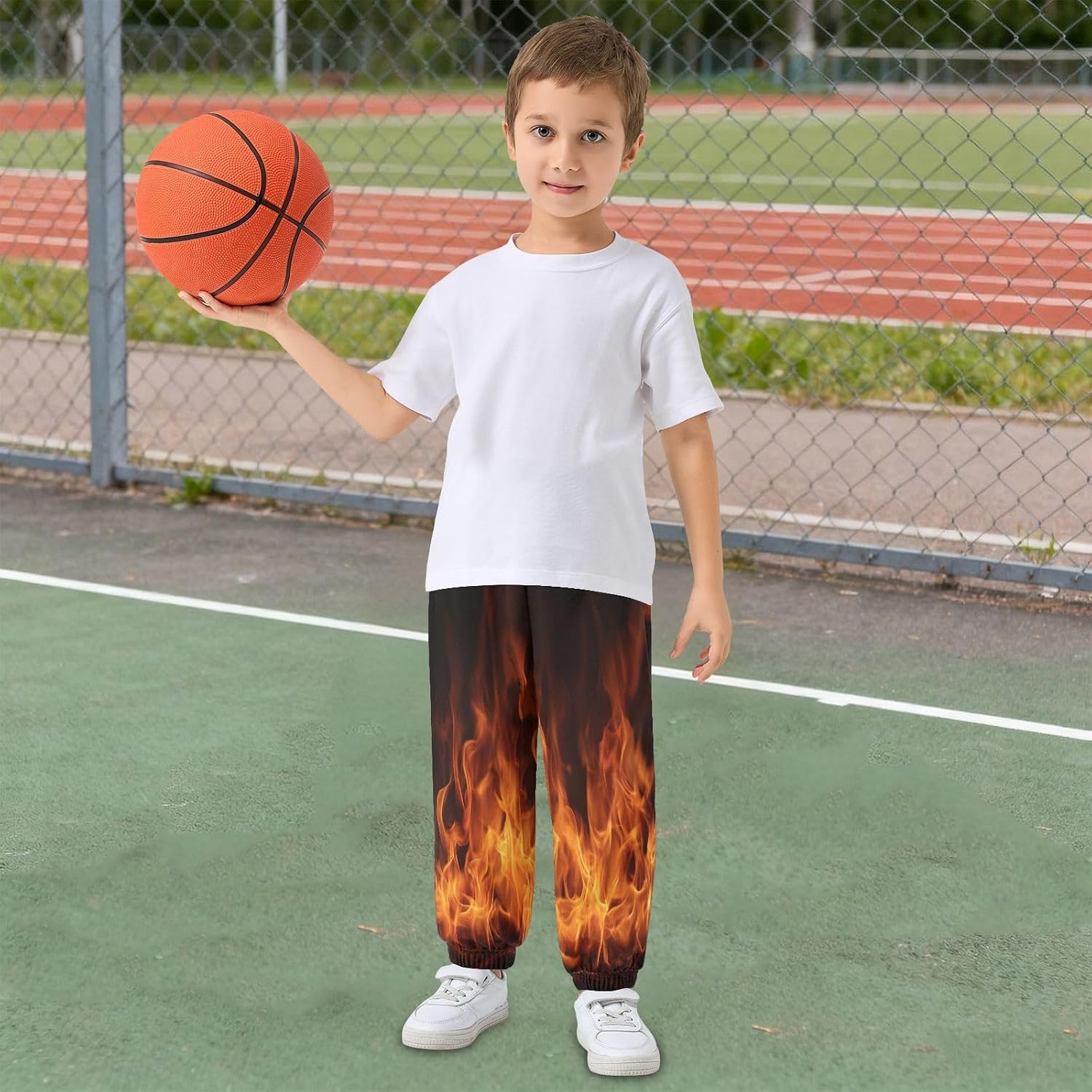 Boy Sweatpants Red Flame Fire Joggers Casual Athletic Pants Kids Elastic Waist Cuffed with Pockets