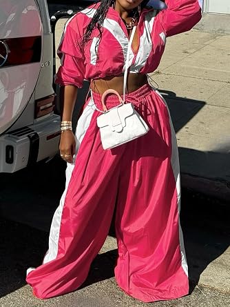 Ecirod Womens Color Block Sweatsuit Set 2 Piece Outfits Zip Up Sweatshirt High Waisted Wide Leg Pants with Pockets