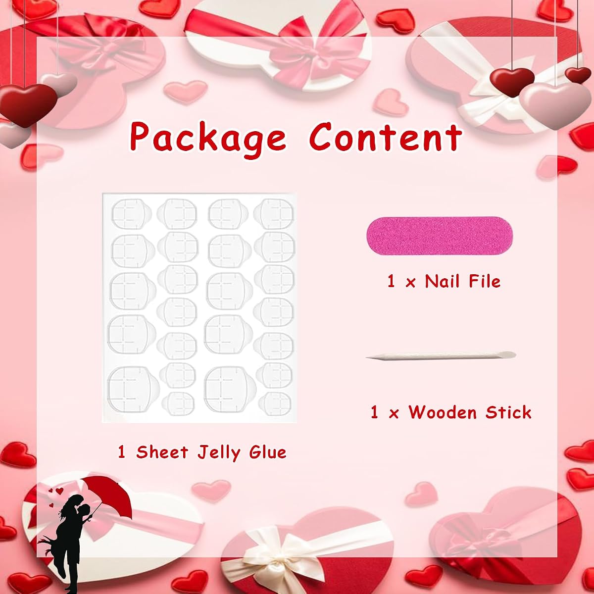 Valentines Pink Bow Press on Nails Long Almond French Tip Fake Nails with Red Kisses Lips Bow Charms Design Valentine Red Heart Glue on False Nail Valentines Kisses Artificial Stick on Nail for Women