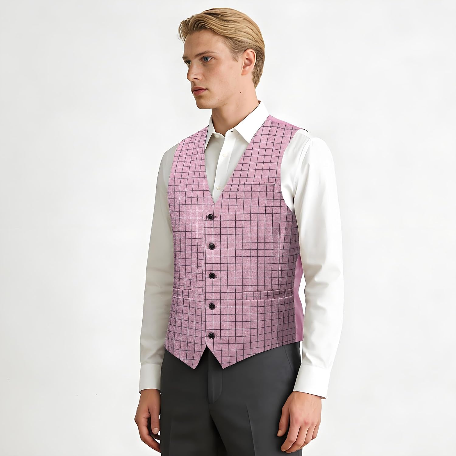 Barry.Wang Men's Plaid Suit Vest Tie Set 4PC Business Slim Fit Waistcoat for Wedding Party