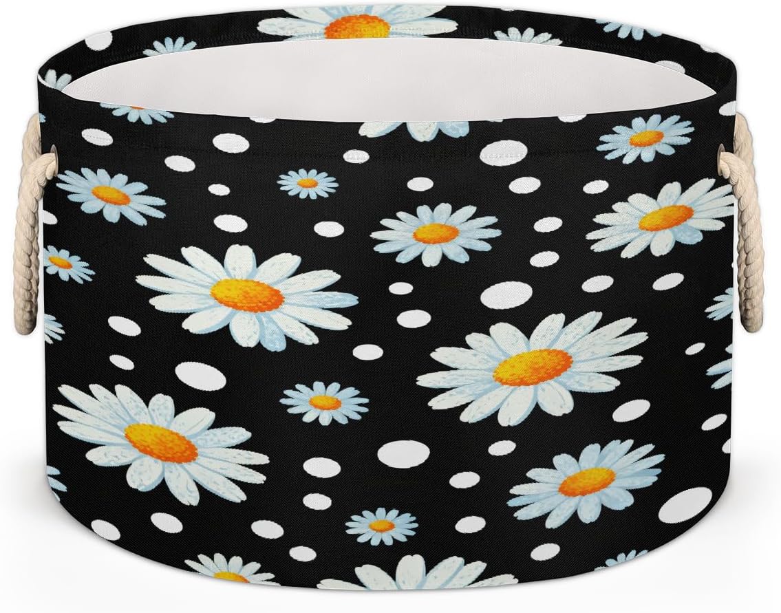 Large Storage Baskets - Daisy Polka Dot Nursery Organizer Bin Box with Handles Collapsible Round Laundry Hamper for Kids Toys Pet Blanket, Bedroom Living Room Home Decor Gift Basket