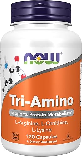 Miniatura 1 de NOW Suplementos, Tri-Amino con L-Arginina, L-Ornitina, L-Lisina, Apoya el Metabolismo de Proteínas*, 120 Cápsulas