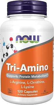 NOW Foods Supplements, Tri-Amino with L-Arginine, L-Ornithine, L-Lysine, Supports Protein Metabolism*, 120 Capsules