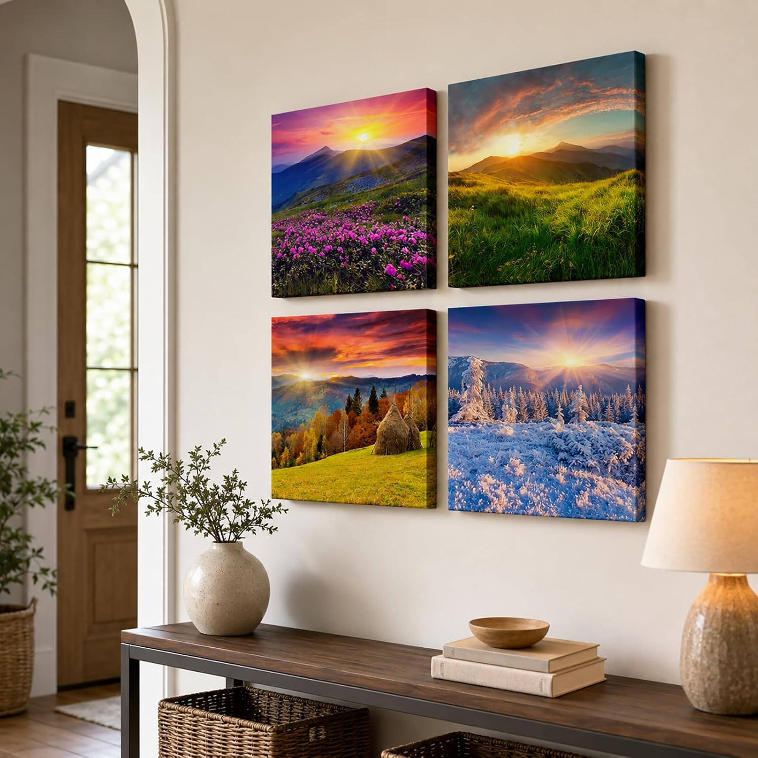 OuElegent 4 Seasons Wall Decor Four Season Mountain Canvas Wall Art Spring Summer Autumn Winter Landscape Picture Prints Framed Modern Artwork For Bedroom Kitchen Living Room 12"x12"x4 Pcs