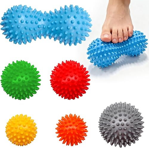 Juego de 6 bolas de masaje con puntas, bolas de rodillo muscular con textura duramediasuave para alivio de la fascitis plantar, liberación