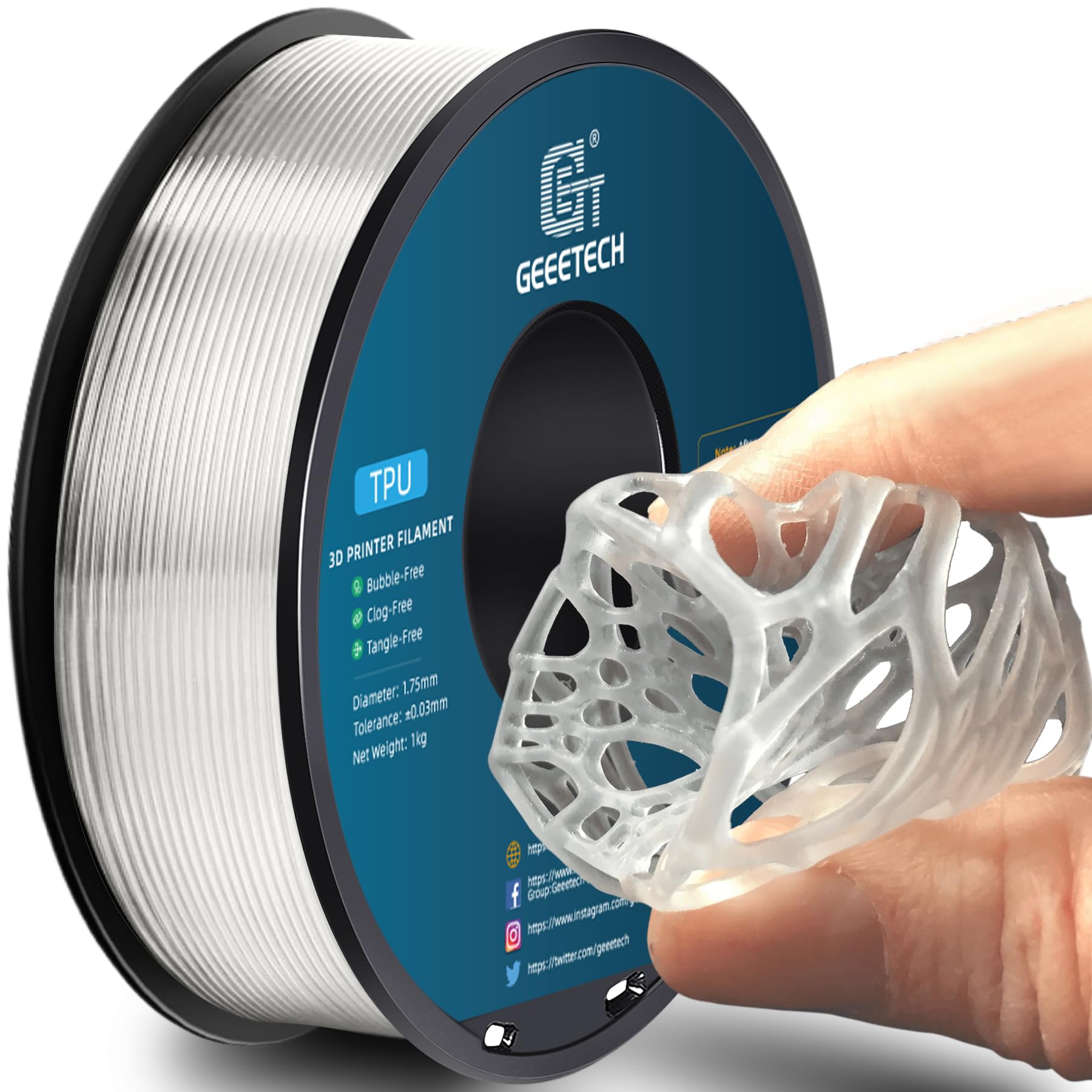 Geeetech TPU Filament 1.75mm, Shore 95A Flexible 3D Printer Filament with High Elasticity, 1KG (2.2lbs) Spool, Dimensional Accuracy ±0.03mm, Fits Most FDM Printers (Clear/Transparent)-picture-14