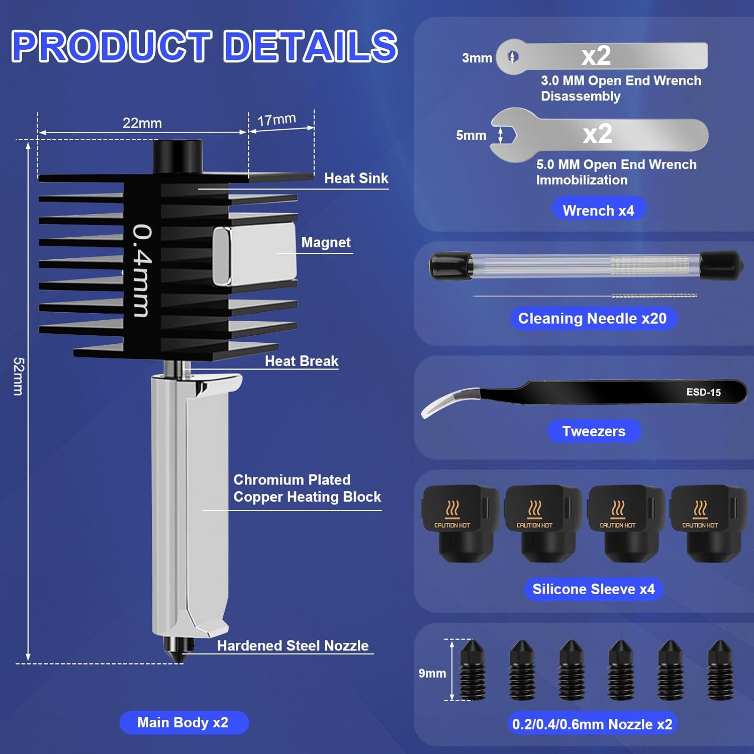 2 Pack Hotend Kit for Bambu Lab A1/A1 Mini, 3D Printer Hot End Upgrade Hardened Steel Nozzle 0.2/0.4/0.6mm Replacement with 4PCS Silicone Cover Sock Cleaning Kit Hotend for Bambu Lab A1/A1 Mini