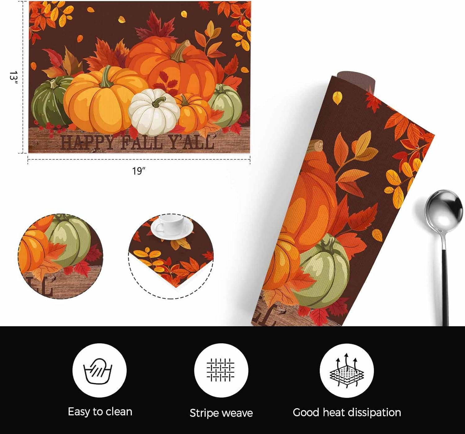 Pumpkin Thanksgiving Placemats Set of 4, Washable PVC Kitchen Table Mats, Autumn Leaf Happy Fall Y'all Brown Wood Woven Vinyl Placemat for Dining Table