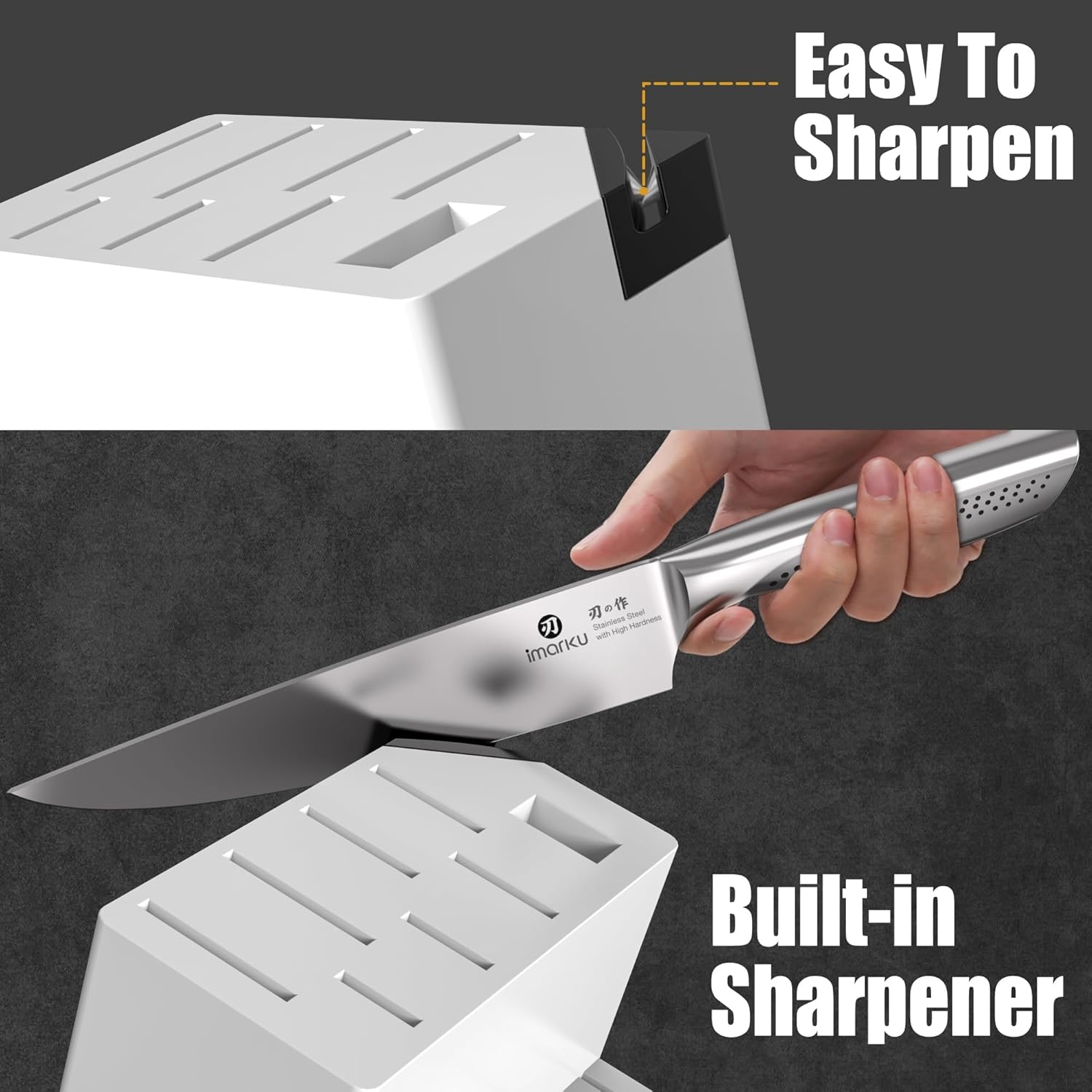 imarku® Knife Set, Japanese HC Stainless Steel 15 PCS Kitchen Knife Set With Block With Built-in Sharpener, Razor-Sharp Blade Knife Block Set With Dotted Ergomomic Handle, Best Birthday Gifts, White - Image 3