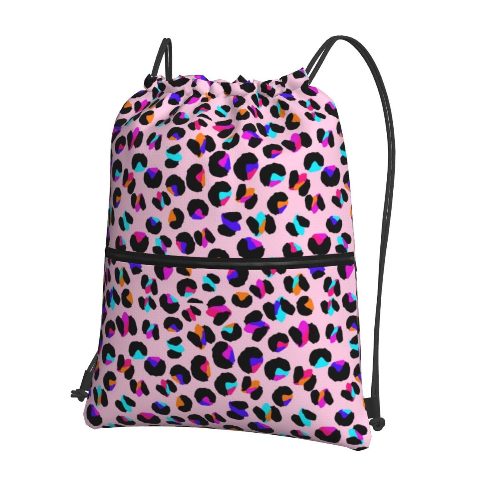 GardEssere Pink Leopard Print Drawstring Bags Drawstring Gym Bag Waterproof Drawstring Backpack with Zipper Pocket for Kids Adults Beach Swimming Pool School Bag