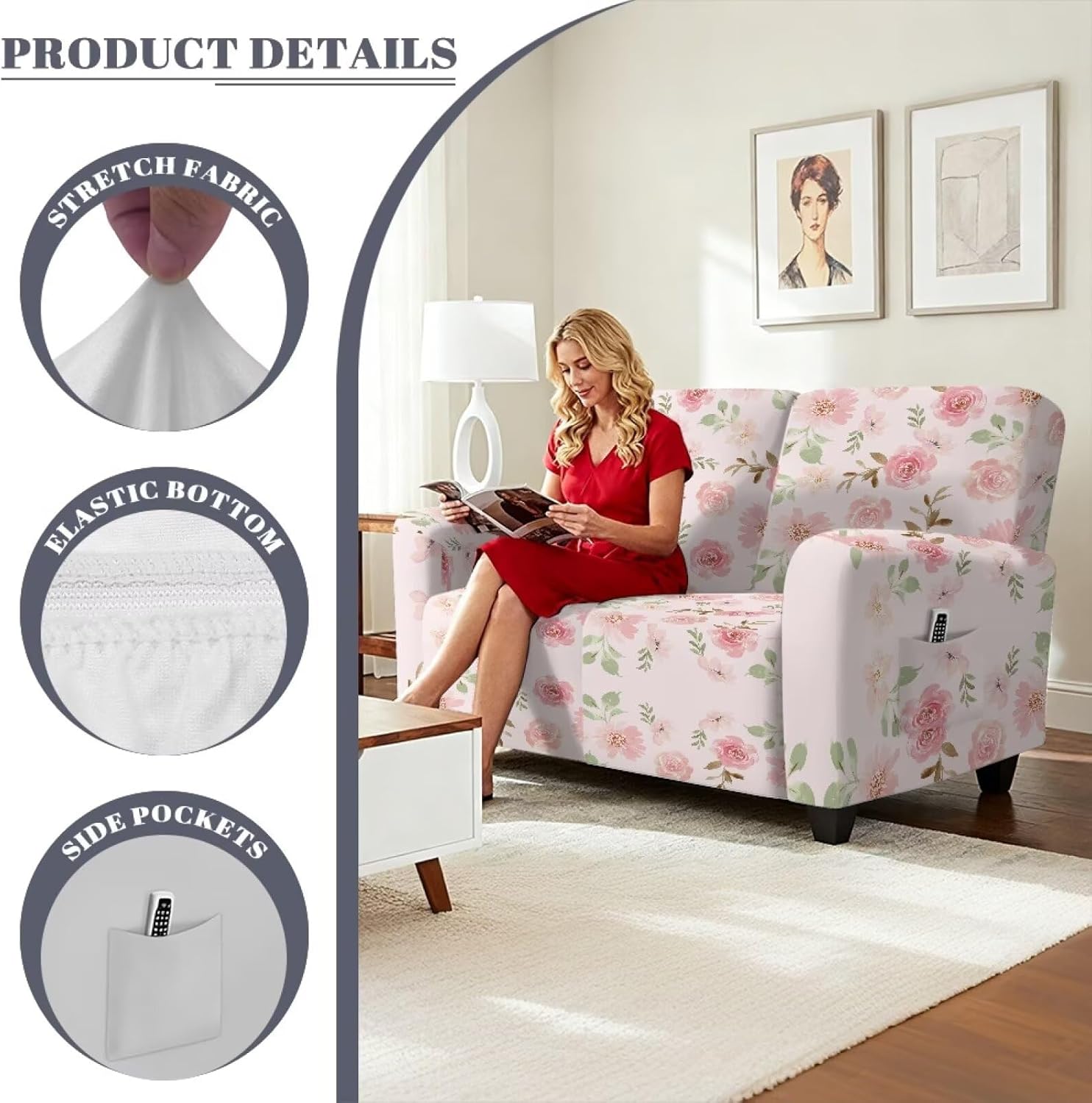 6 Pieces Floral Recliner Slipcovers for Loveseat Couch Super Stretch Soft Sofa Cover Anti Slip Sofa Slipcover Furniture Protector with Side Pockets for Lounge(Pink Flowers)