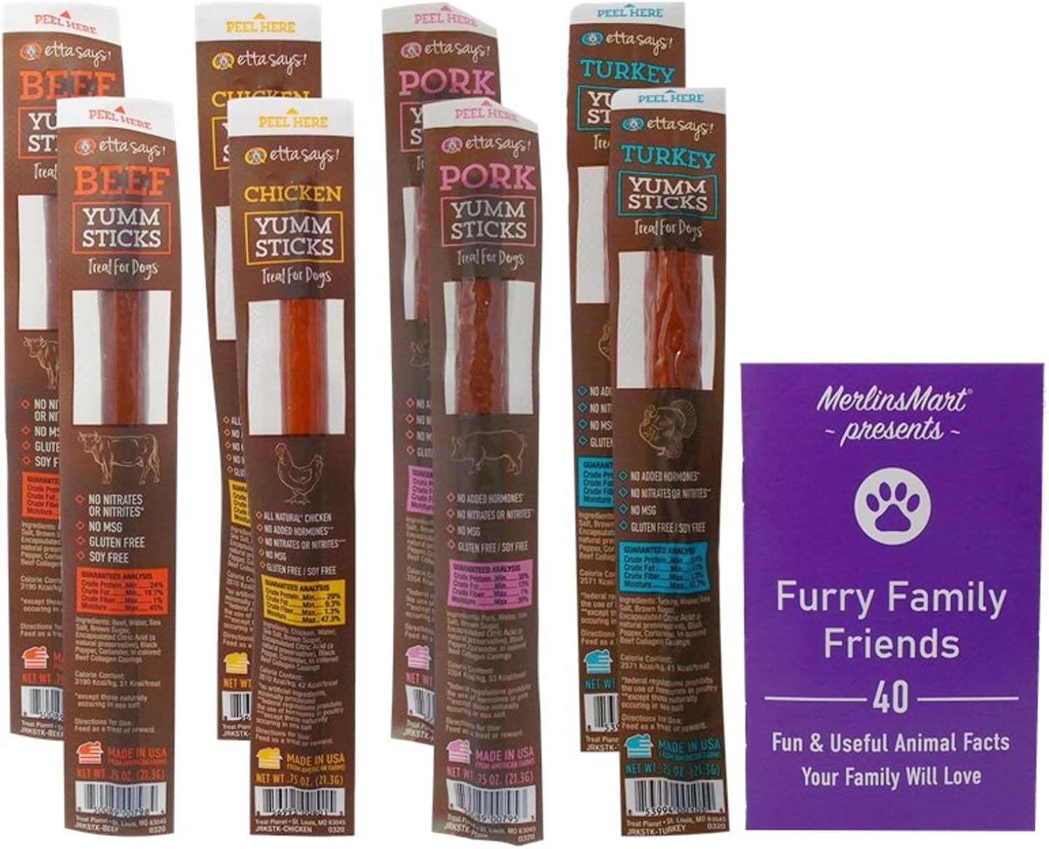 Etta Says! Yumm Sticks Dog Treats 4 Flavor 8 Count Variety, (2) Each: Chicken, Turkey, Beef, Pork (.75 Ounces) Plus Fun Facts Booklet Bundle