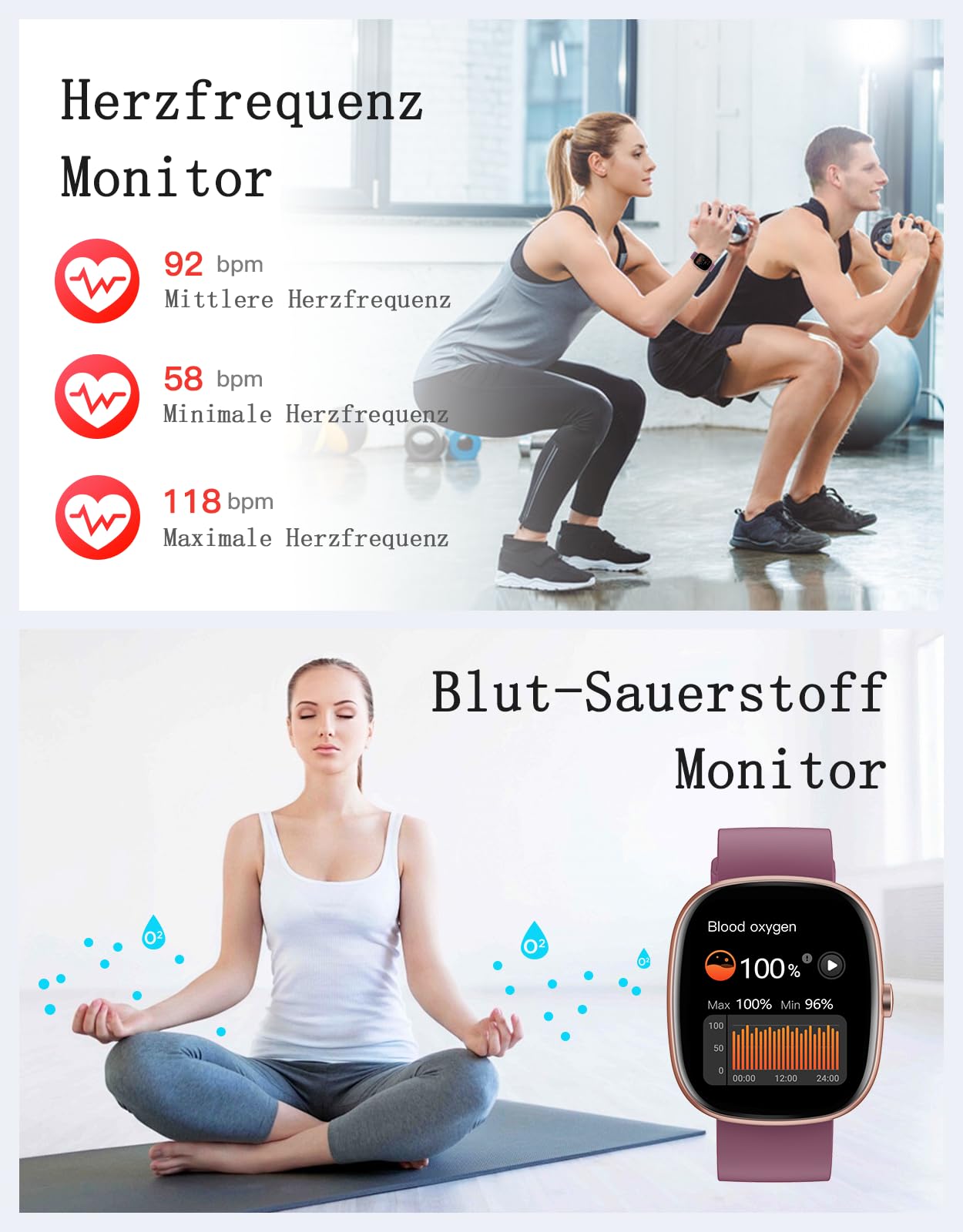 Smartwatch Damen mit Telefonfunktion,1.85"Smart Watch mit SpO2/Herzfrequenz | Schlafmonitor/ Schrittzähler 100+Sportmodi,IP68 Wasserdicht Fitnessuhr Whatsapp Benachrichtigung für Android iOS Handy