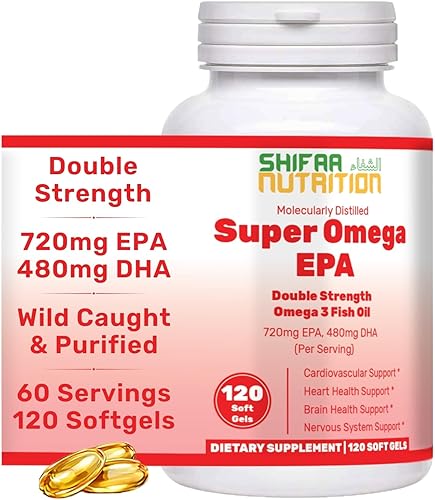 SHIFAA NUTRITION Cápsulas blandas de aceite de pescado Halal de 120 unidades, doble fuerza, suplementos de aceite de pescado Halal Omega 3. Atrapado