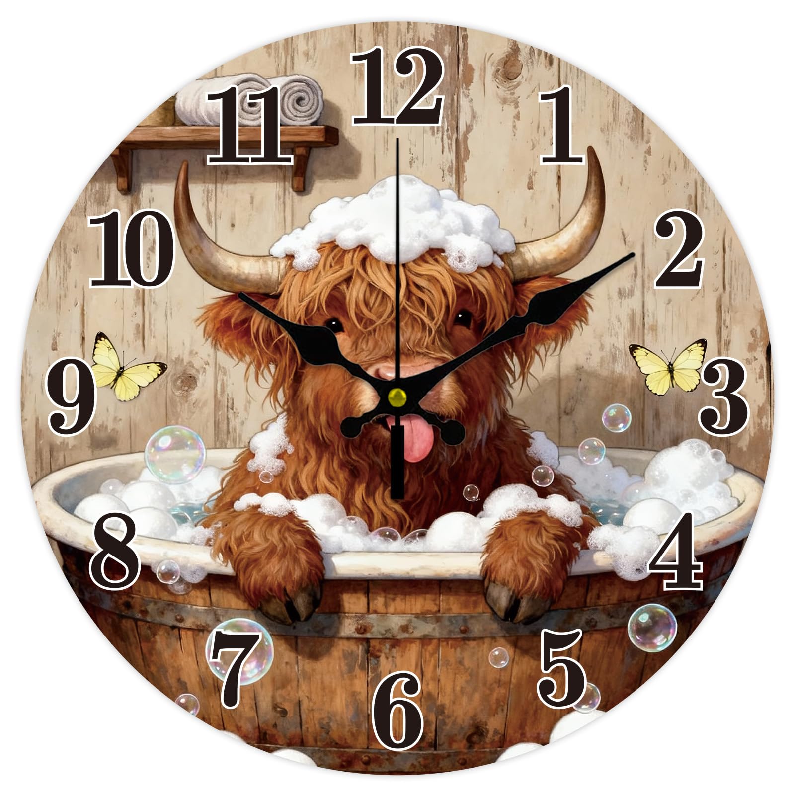 CONCHLERY Bathtub Highland Cattle Pattern Wall Clock 12 Inch Non-Ticking Clocks Round Wall Hanging Clock Flat Printing for Bedroom Living Room Kitchen Office