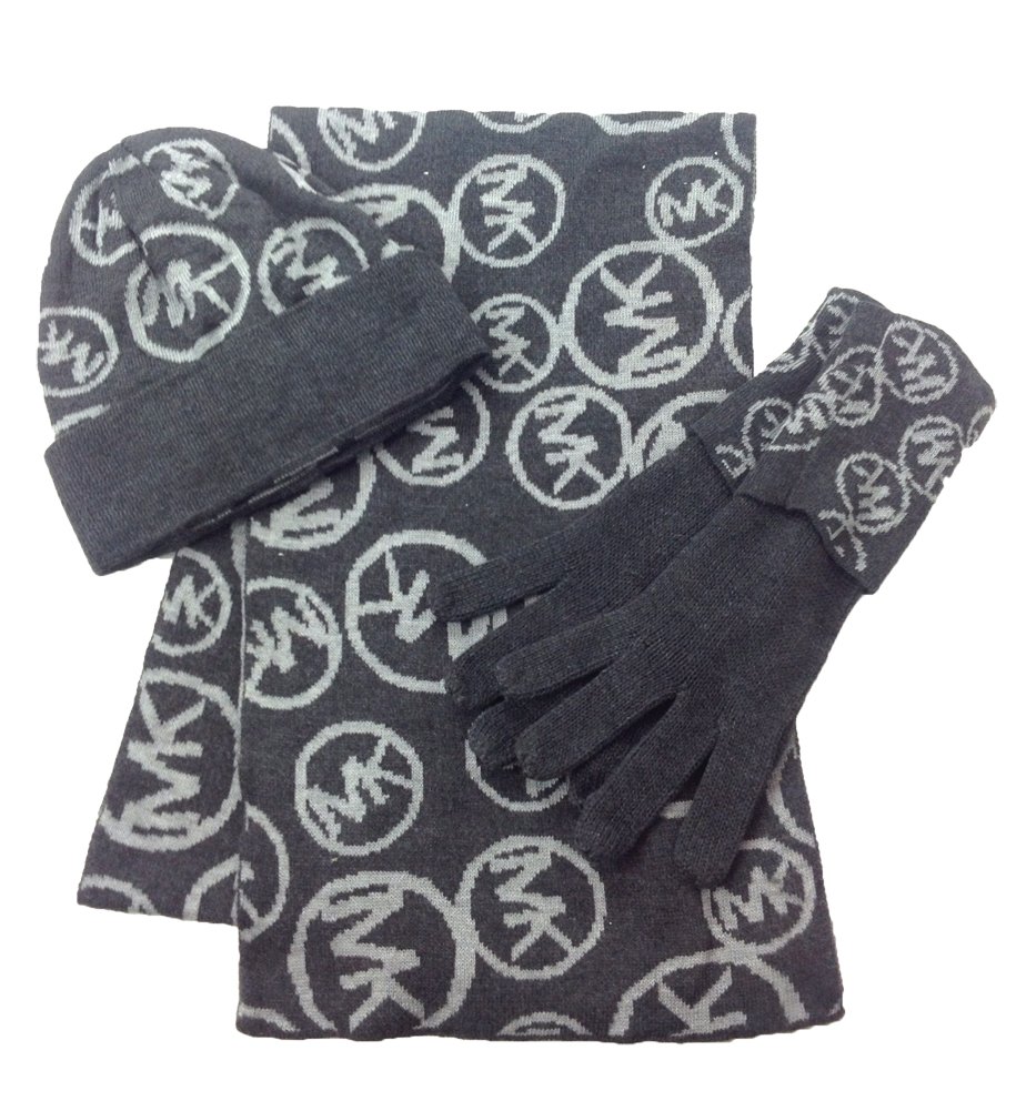 Michael Kors Women's Circle Logo Knit Scarf, Hat & Gloves 3 Piece Set, Derby Grey