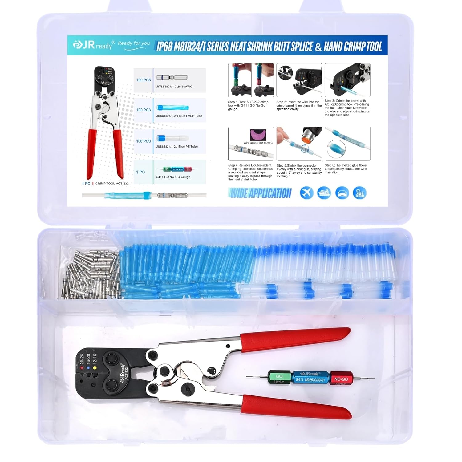 JRready IP68 Environmental Butt Splice Kit 100Sets 20-16AWG AS81824 Aviation Splice Connectors with PVDF and PE Heat Shrink Tubes ACT-232 Butt Splice Crimper G4111 Go No Go Gauge for Automotive Marine